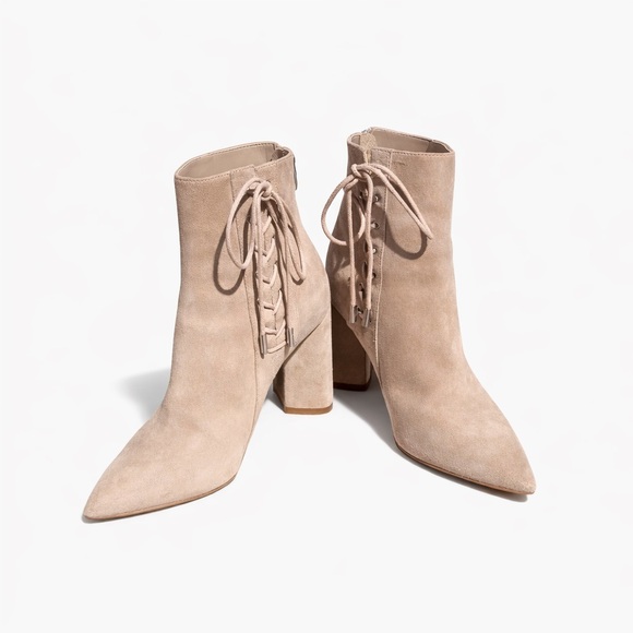 Kendall & Kylie Taupe Suede Lace-Up Ankle Booties Pointed Toe Block Heel - Picture 4 of 12